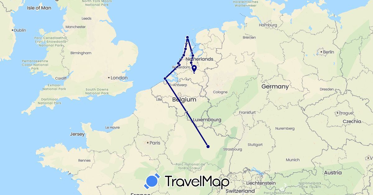 TravelMap itinerary: driving in France, Netherlands (Europe)